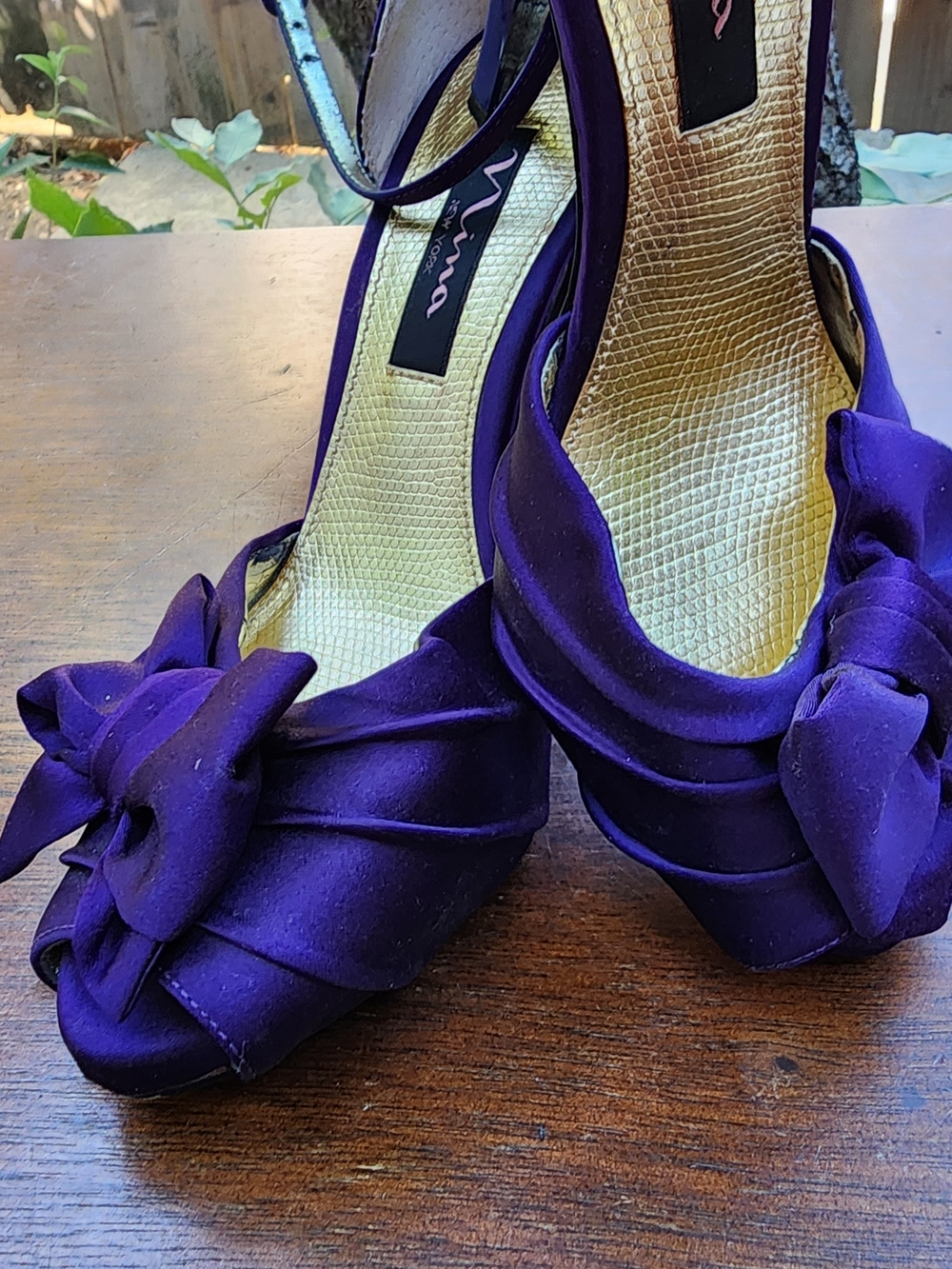 Nina New York Purple Satin Bow Heels Ankle Strap Peep Toe Size 6/39